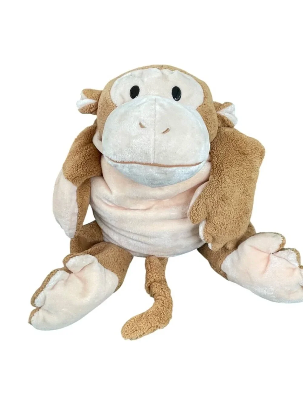 Brown Plush Monkey Stuffed Animal Toy With Beads Soft White Face & Belly Laying